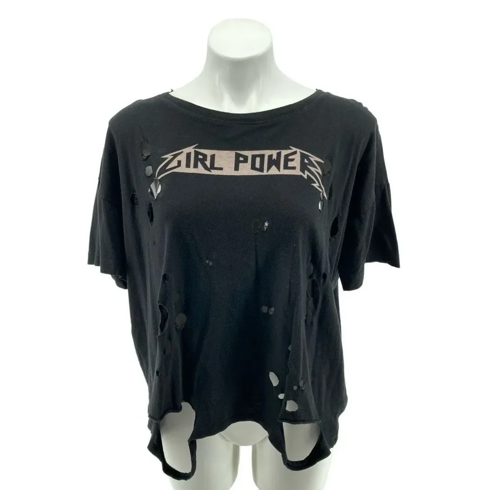 Forever 21 Women’s GIRL POWER Black Distressed Short Sleeve Graphic Tee Medium